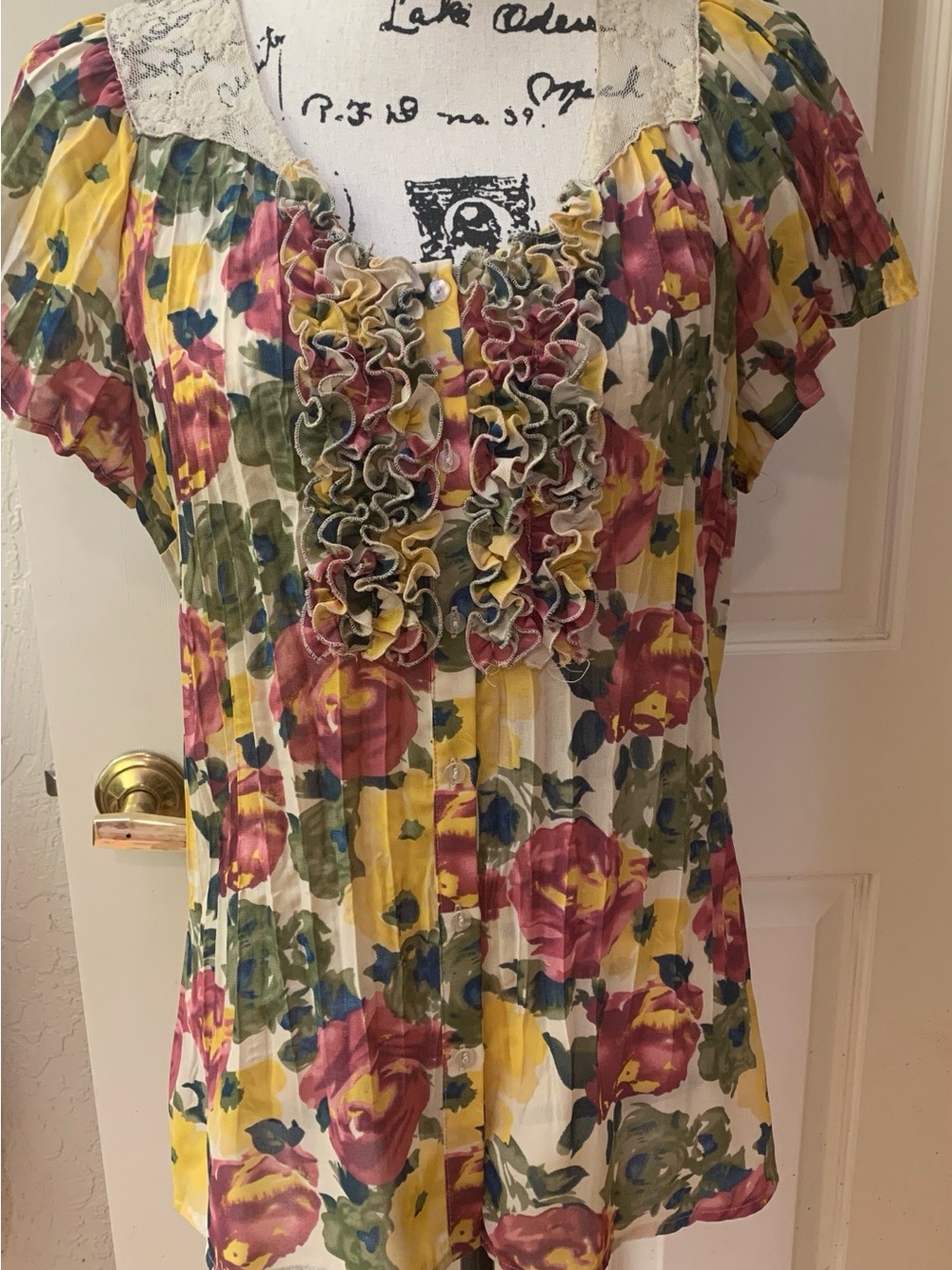 Notations Yellow and Rose Colored Multi Floral Ruffle-Front Blouse
